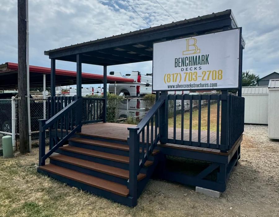 Portable rent to own deck with covered roof on blocks
