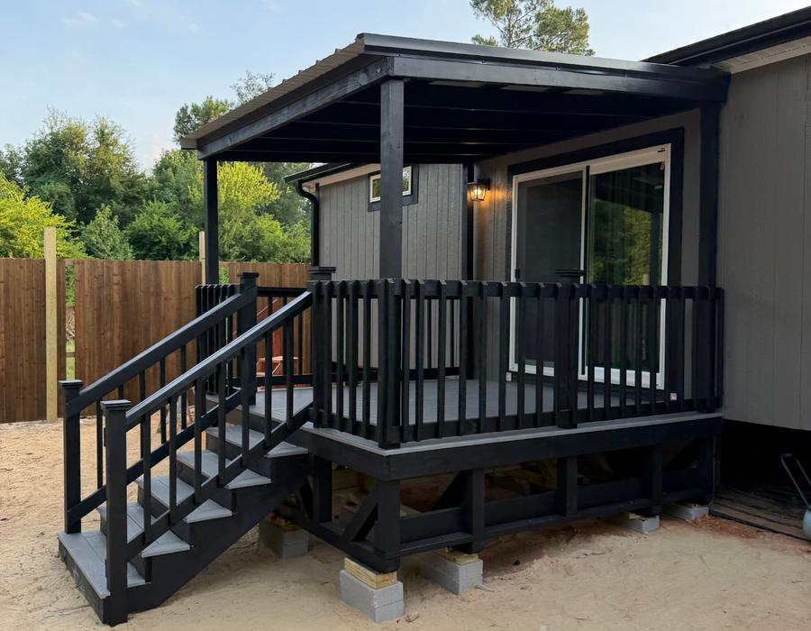 Portable covered deck built on beams and blocks